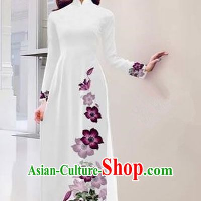 Traditional Top Grade Asian Vietnamese Costumes Handmade Printing White Full Dress, Vietnam National Ao Dai Dress Qipao for Women