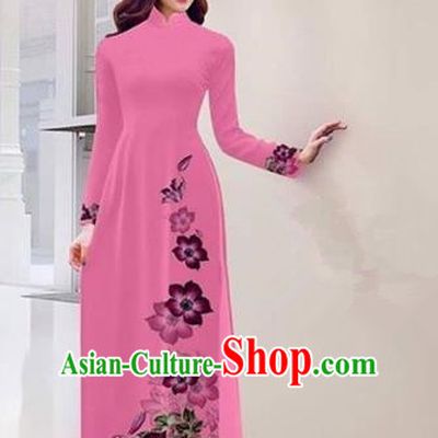 Traditional Top Grade Asian Vietnamese Costumes Handmade Printing Pink Full Dress, Vietnam National Ao Dai Dress Qipao for Women