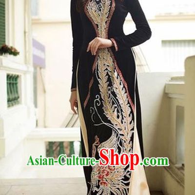 Traditional Top Grade Asian Vietnamese Costumes Handmade Painting Pleuche Full Dress, Vietnam National Ao Dai Dress Qipao for Women