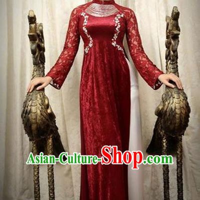 Traditional Top Grade Asian Vietnamese Costumes Handmade Painting Red Pleuche Full Dress, Vietnam National Ao Dai Dress Lace Qipao for Women