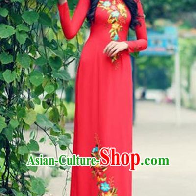 Traditional Top Grade Asian Vietnamese Costumes Handmade Embroidery Red Pleuche Full Dress, Vietnam National Ao Dai Dress Qipao for Women