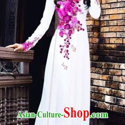 Traditional Top Grade Asian Vietnamese Costumes Dance Dress, Vietnam National Women Ao Dai Dress Printing Pink Flowers White Cheongsam Clothing