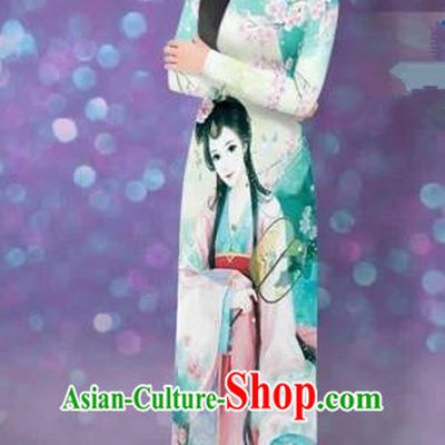 Traditional Top Grade Asian Vietnamese Costumes Classical Handmade Printing Full Dress and Pants, Vietnam National Ao Dai Dress Etiquette Qipao for Women