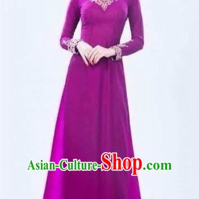 Traditional Top Grade Asian Vietnamese Costumes Classical Handmade Purple Full Dress and Pants, Vietnam National Ao Dai Dress Etiquette Qipao for Women