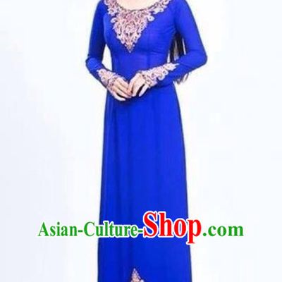 Traditional Top Grade Asian Vietnamese Costumes Classical Handmade Royalblue Full Dress and Pants, Vietnam National Ao Dai Dress Etiquette Qipao for Women