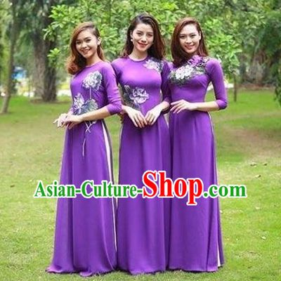 Traditional Top Grade Asian Vietnamese Costumes Classical Handmade Purple Full Dress and Loose Pants, Vietnam National Ao Dai Dress Etiquette Qipao for Women