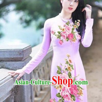 Traditional Top Grade Asian Vietnamese Costumes Classical Printing Pink Flowers Full Dress, Vietnam National Ao Dai Dress Etiquette Qipao for Women