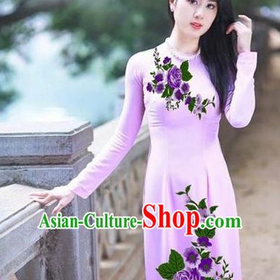 Traditional Top Grade Asian Vietnamese Costumes Classical Printing Purple Flowers Full Dress, Vietnam National Ao Dai Dress Etiquette Qipao for Women