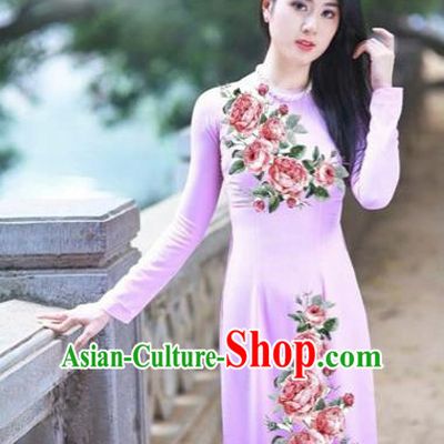 Traditional Top Grade Asian Vietnamese Costumes Classical Printing Flowers Full Dress, Vietnam National Ao Dai Dress Etiquette Qipao for Women
