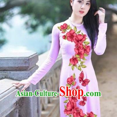 Traditional Top Grade Asian Vietnamese Costumes Classical Printing Red Flowers Full Dress, Vietnam National Ao Dai Dress Etiquette Qipao for Women