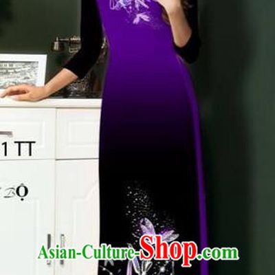 Traditional Top Grade Asian Vietnamese Costumes Classical Printing Greenish Lily Flowers Full Dress, Vietnam National Ao Dai Dress Purple Etiquette Qipao for Women