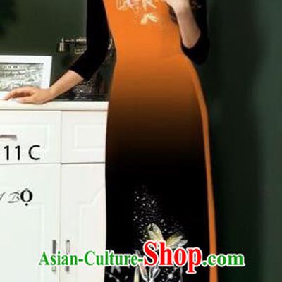 Traditional Top Grade Asian Vietnamese Costumes Classical Printing Greenish Lily Flowers Full Dress, Vietnam National Ao Dai Dress Orange Etiquette Qipao for Women