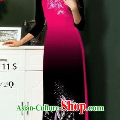 Traditional Top Grade Asian Vietnamese Costumes Classical Printing Greenish Lily Flowers Full Dress, Vietnam National Ao Dai Dress Rose Etiquette Qipao for Women