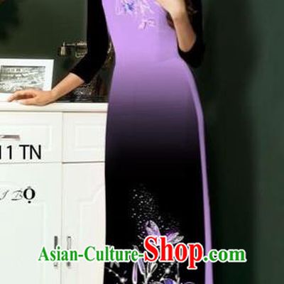 Traditional Top Grade Asian Vietnamese Costumes Classical Printing Greenish Lily Flowers Full Dress, Vietnam National Ao Dai Dress Lilac Etiquette Qipao for Women