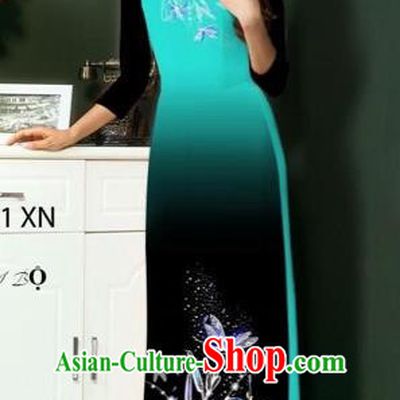 Traditional Top Grade Asian Vietnamese Costumes Classical Printing Greenish Lily Flowers Full Dress, Vietnam National Ao Dai Dress Sky Blue Etiquette Qipao for Women