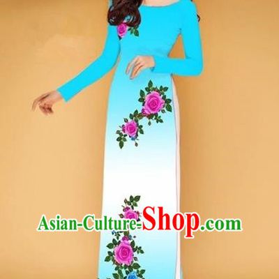 Traditional Top Grade Asian Vietnamese Costumes Classical Printing Rose Flowers Full Dress, Vietnam National Ao Dai Dress Sky Blue Etiquette Qipao for Women