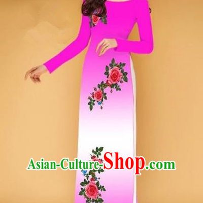 Traditional Top Grade Asian Vietnamese Costumes Classical Printing Rose Flowers Full Dress, Vietnam National Ao Dai Dress Pink Etiquette Qipao for Women