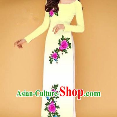 Traditional Top Grade Asian Vietnamese Costumes Classical Printing Rose Flowers Full Dress, Vietnam National Ao Dai Dress Yellow Etiquette Qipao for Women