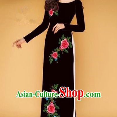 Traditional Top Grade Asian Vietnamese Costumes Classical Printing Rose Flowers Full Dress, Vietnam National Ao Dai Dress Black Etiquette Qipao for Women