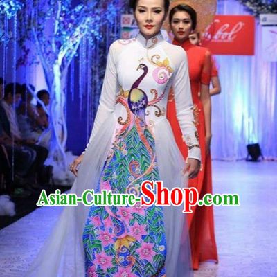 Traditional Top Grade Asian Vietnamese Costumes Classical Printing Peacock Pattern Full Dress, Vietnam National Ao Dai Dress Etiquette Qipao for Women