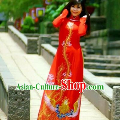 Traditional Top Grade Asian Vietnamese Costumes Classical Printing Phoenix Pattern Full Dress, Vietnam National Ao Dai Dress Wedding Etiquette Qipao for Women