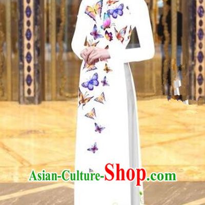 Traditional Top Grade Asian Vietnamese Costumes Classical Printing Butterfly Pattern Full Dress, Vietnam National Ao Dai Dress White Etiquette Qipao for Women