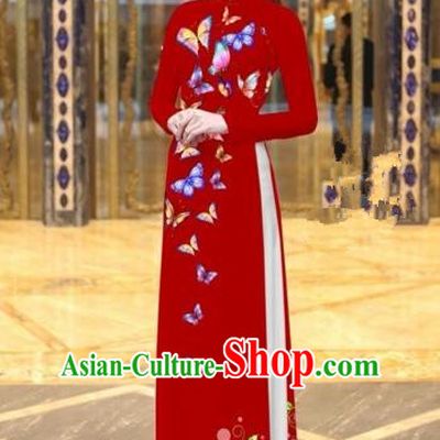 Traditional Top Grade Asian Vietnamese Costumes Classical Printing Butterfly Pattern Full Dress, Vietnam National Ao Dai Dress Red Etiquette Qipao for Women