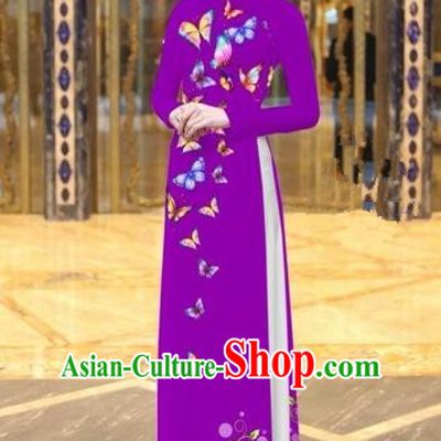 Traditional Top Grade Asian Vietnamese Costumes Classical Printing Butterfly Pattern Full Dress, Vietnam National Ao Dai Dress Purple Etiquette Qipao for Women