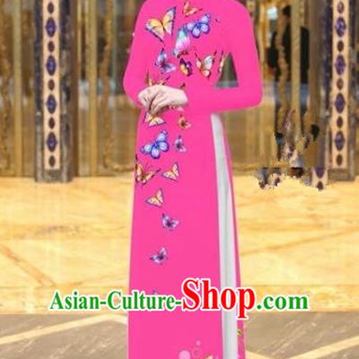 Traditional Top Grade Asian Vietnamese Costumes Classical Printing Butterfly Pattern Full Dress, Vietnam National Ao Dai Dress Pink Etiquette Qipao for Women