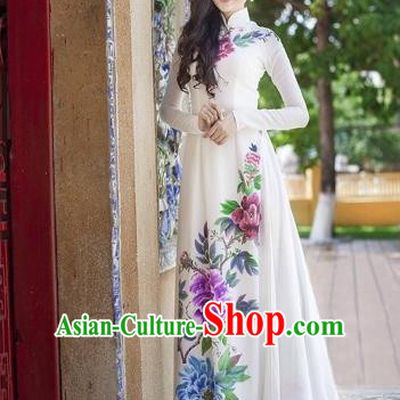 Traditional Top Grade Asian Vietnamese Costumes Classical Printing Peony Pattern Full Dress, Vietnam National Ao Dai Dress White Etiquette Qipao for Women