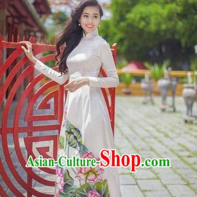 Traditional Top Grade Asian Vietnamese Costumes Classical Printing Lotus Pattern Full Dress, Vietnam National Ao Dai Dress White Etiquette Qipao for Women
