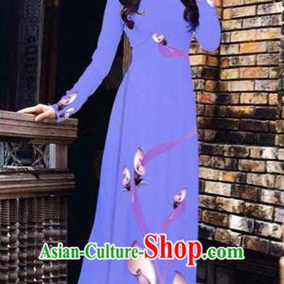 Traditional Top Grade Asian Vietnamese Costumes Classical Printing Flowers Pattern Full Dress, Vietnam National Ao Dai Dress Lilac Etiquette Qipao for Women