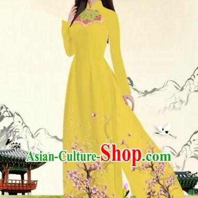 Traditional Top Grade Asian Vietnamese Costumes Classical Plum Blossom Pattern Full Dress, Vietnam National Ao Dai Dress Yellow Etiquette Qipao for Women