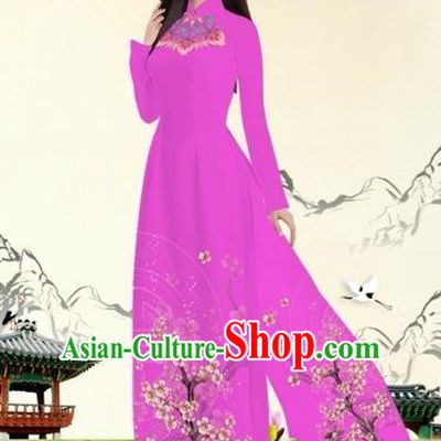Traditional Top Grade Asian Vietnamese Costumes Classical Plum Blossom Pattern Full Dress, Vietnam National Ao Dai Dress Rosy Etiquette Qipao for Women