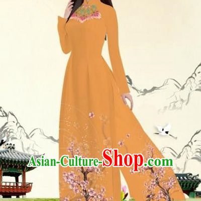 Traditional Top Grade Asian Vietnamese Costumes Classical Plum Blossom Pattern Full Dress, Vietnam National Ao Dai Dress Ginger Etiquette Qipao for Women