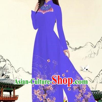 Traditional Top Grade Asian Vietnamese Costumes Classical Plum Blossom Pattern Full Dress, Vietnam National Ao Dai Dress Purple Etiquette Qipao for Women