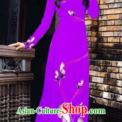 Traditional Top Grade Asian Vietnamese Costumes Classical Printing Flowers Pattern Full Dress, Vietnam National Ao Dai Dress Purple Etiquette Qipao for Women