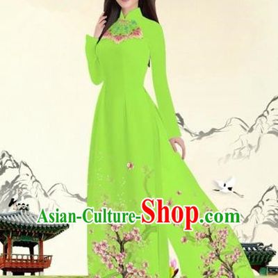 Traditional Top Grade Asian Vietnamese Costumes Classical Plum Blossom Pattern Full Dress, Vietnam National Ao Dai Dress Viridis Etiquette Qipao for Women