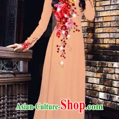 Traditional Top Grade Asian Vietnamese Costumes Dance Dress, Vietnam National Women Ao Dai Dress Printing Flowers Cheongsam Clothing