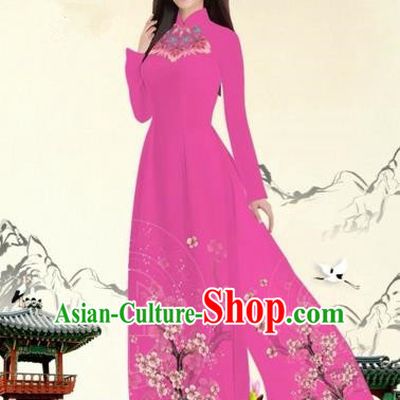 Traditional Top Grade Asian Vietnamese Costumes Classical Plum Blossom Pattern Full Dress, Vietnam National Ao Dai Dress Pink Etiquette Qipao for Women
