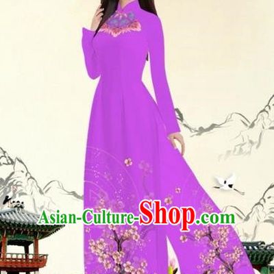 Traditional Top Grade Asian Vietnamese Costumes Classical Plum Blossom Pattern Full Dress, Vietnam National Ao Dai Dress Violet Etiquette Qipao for Women