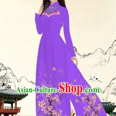 Traditional Top Grade Asian Vietnamese Costumes Classical Plum Blossom Pattern Full Dress, Vietnam National Ao Dai Dress Modena Etiquette Qipao for Women