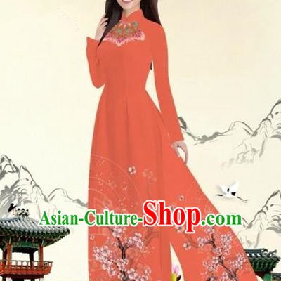 Traditional Top Grade Asian Vietnamese Costumes Classical Plum Blossom Pattern Full Dress, Vietnam National Ao Dai Dress Orange Etiquette Qipao for Women