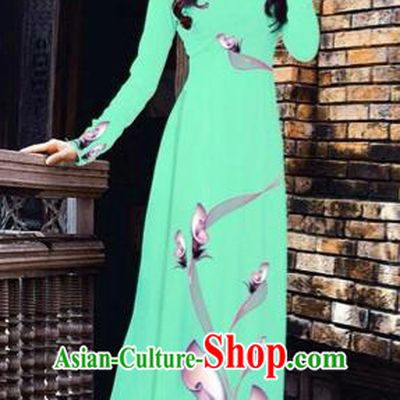 Traditional Top Grade Asian Vietnamese Costumes Classical Printing Flowers Pattern Full Dress, Vietnam National Ao Dai Dress Green Etiquette Qipao for Women