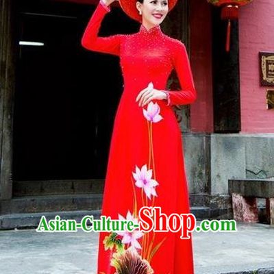 Traditional Top Grade Asian Vietnamese Costumes Classical Wedding Red Full Dress, Vietnam National Ao Dai Dress Bride Qipao for Women