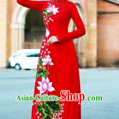 Traditional Top Grade Asian Vietnamese Costumes Classical Wedding Red Full Dress, Vietnam National Ao Dai Dress Bride Qipao for Women