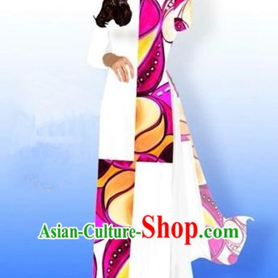 Traditional Top Grade Asian Vietnamese Costumes Classical Printing Full Dress, Vietnam National Ao Dai Dress Bride White Qipao for Women