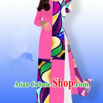 Traditional Top Grade Asian Vietnamese Costumes Classical Printing Full Dress, Vietnam National Ao Dai Dress Bride Pink Qipao for Women