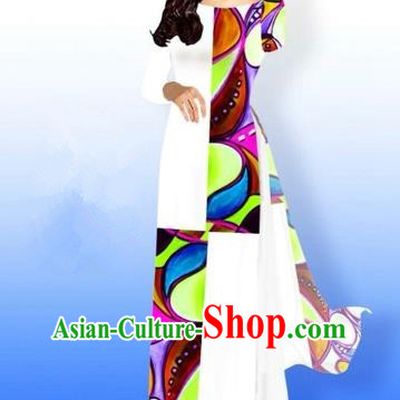 Traditional Top Grade Asian Vietnamese Costumes Classical Printing Full Dress, Vietnam National Ao Dai Dress Bride White Qipao for Women