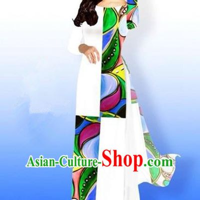 Traditional Top Grade Asian Vietnamese Costumes Classical Green Printing Full Dress, Vietnam National Ao Dai Dress Bride White Qipao for Women